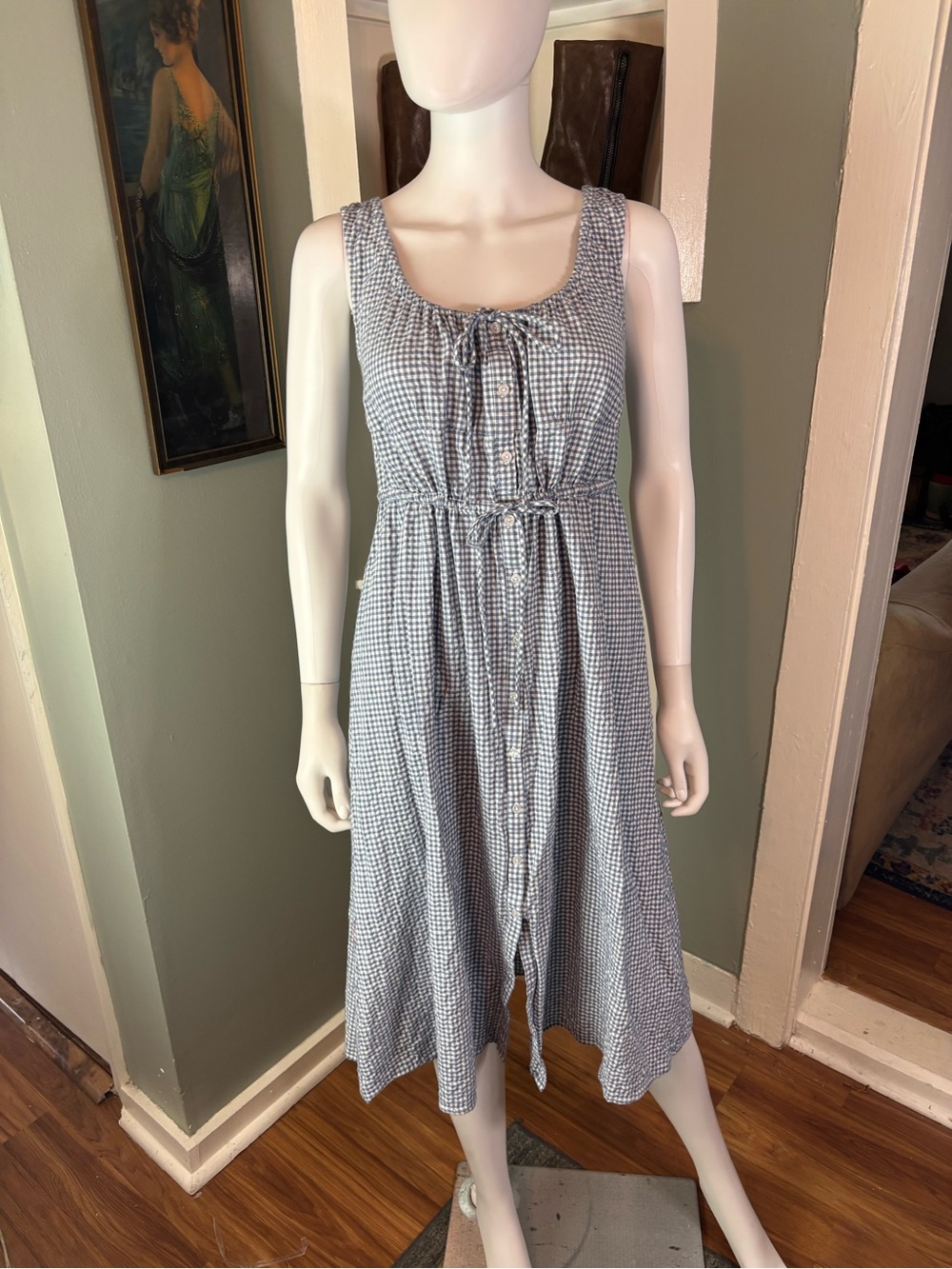 All:Row Blue White Gingham Plaid Seersucker Midi Dress Small S All Row